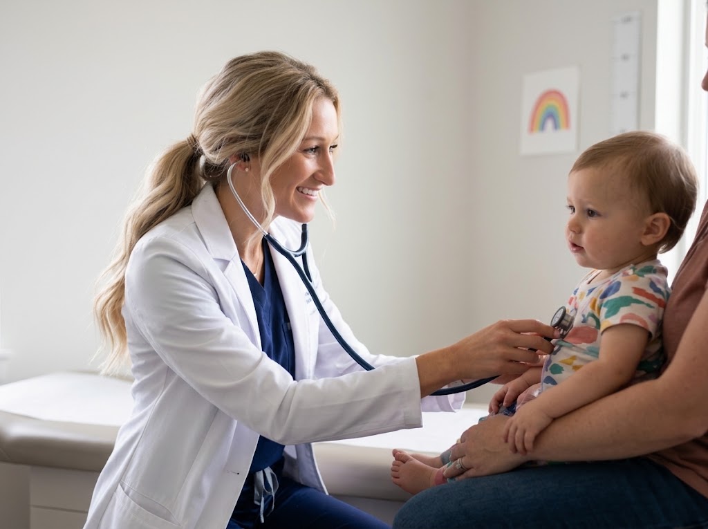 Pediatric provider gently examining a baby